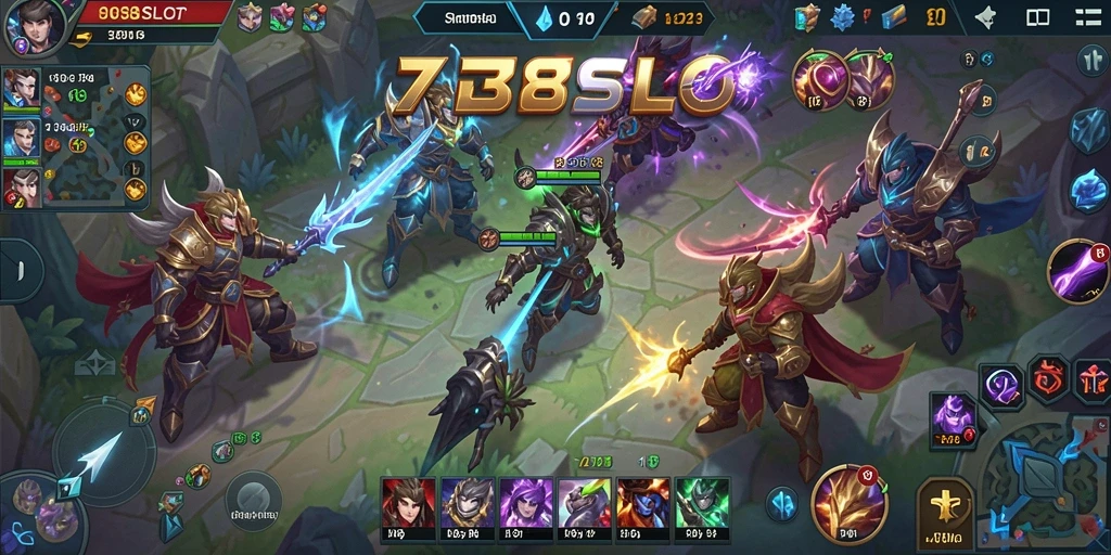 Tangkapan layar utama 738SLOT menampilkan pertempuran seru dalam arena MOBA.