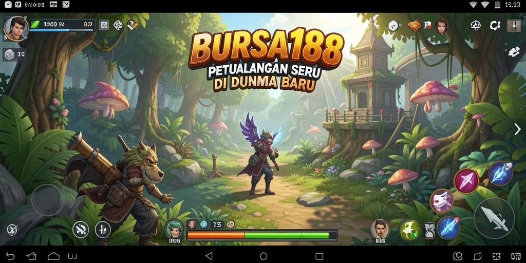 Screenshot utama BURSA188 menampilkan karakter berpetualang di hutan misterius.