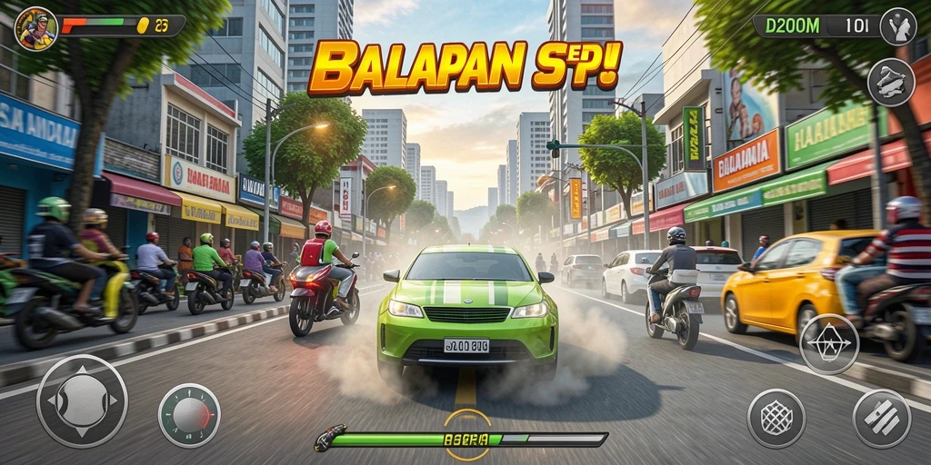 Screenshot D200M menunjukkan aksi balap yang intens di jalanan.