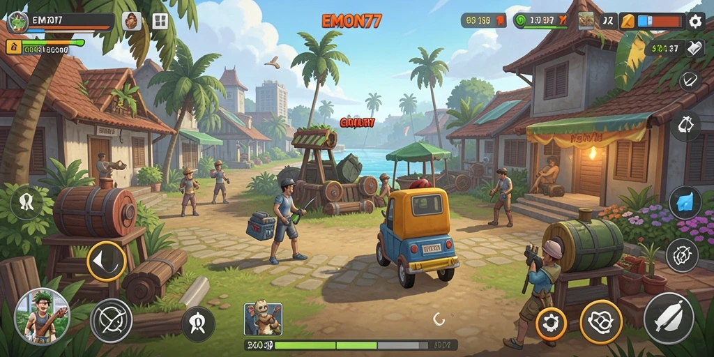 Tangkapan layar gameplay EMON77 dengan karakter menarik dan level penuh warna.