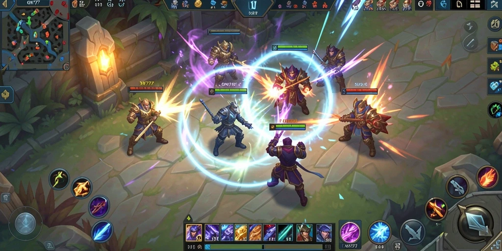 Screenshot gameplay MOBA dengan aksi seru dan karakter unik.