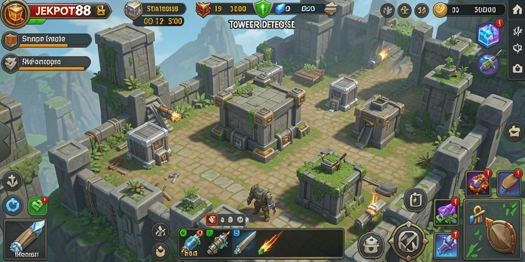 Screenshot gameplay JEKPOT88 menampilkan menara pertahanan yang aktif melawan musuh.
