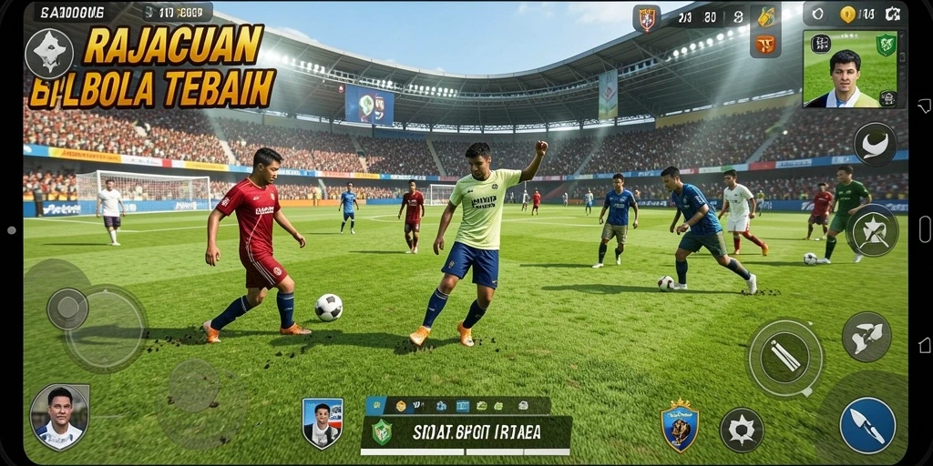Tampilan gameplay mendebarkan RAJACUAN saat pertandingan sepak bola berlangsung.