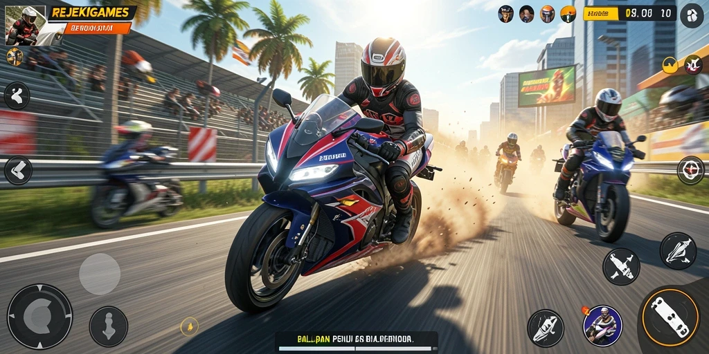 Tangkapan layar gameplay REJEKIGAMES yang memperlihatkan aksi balapan motor yang mendebarkan.